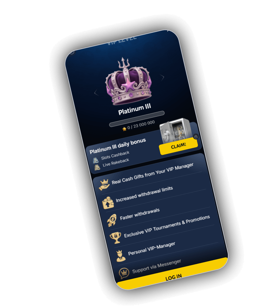 Οθόνη VIP του SpinBob με VIP LEVEL Platinum III και πρόοδο 0 από 23 000 000, κάρτα Platinum III daily bonus με Slots Cashback και Live Rakeback και κουμπί CLAIM, λίστα προνομίων και κουμπί LOG IN